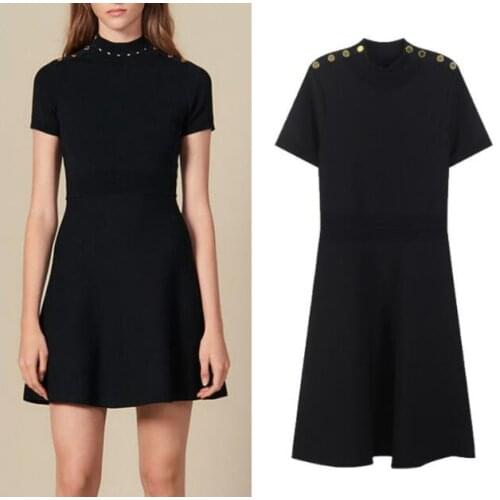 High End Top Quanlity One Piece a Line Knitted Dress Golden Buttons Short Sleeve One Piece Robe Vestido Fiesta Slim Fit