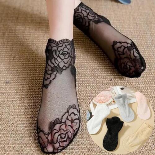 Women Rose Lace Socks Thin Transparent Elastic Mesh Stockings Breathable Anklet