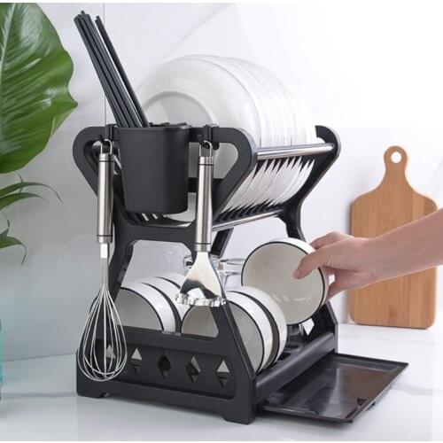 Double-layer Kitchen Dish Bowl Draining Storage Rack Basket with Chopstick Cage H55A