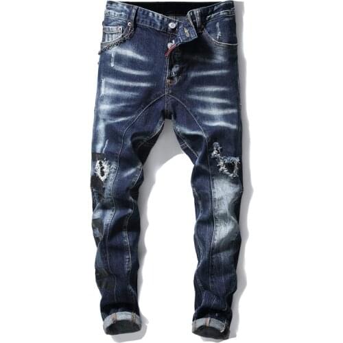 Fall and Winter Men Jeans Ripped Holes Splash Paint Stitching Man Slim Stretch Straight-leg Pants Classic Blue Male Casual Pants