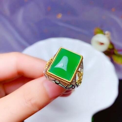 Big size green Chalcedony gem ring for men silver jewelry man power masculine soft green color noble character party gift lucky