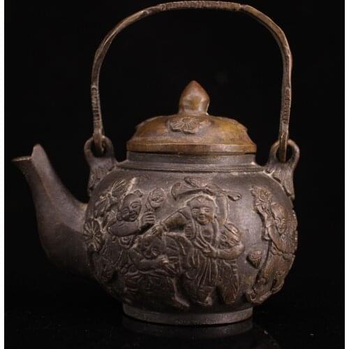 4"Chinese Folk Collection Old Bronze Boy playing statue kettle flagon teapot Office Ornaments Town House Exorcism