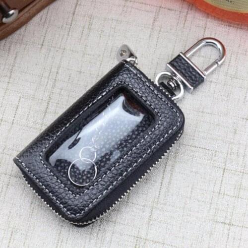 Genuine Leather Car Smart Key Holder with Transparent Window Cowhide Key Wallet Fob Leather Keychain for Car Zipper Wallet