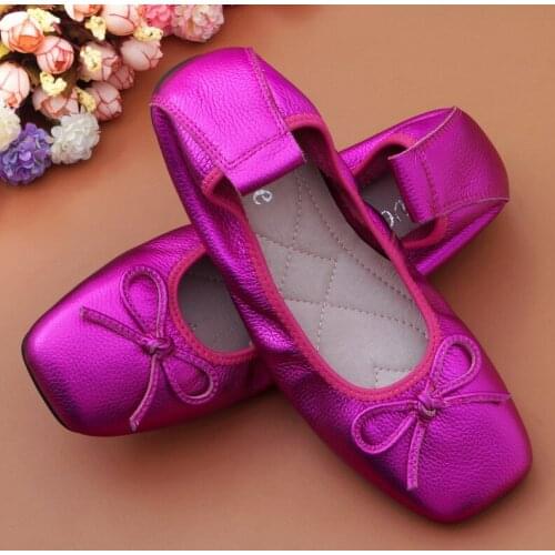 Sweet Bow Square Toe Ladies Flats Shoes New Genuine Leather Slip On Loafers Shoes For Woman Plus Size 34-43 Womens Ballet Flats