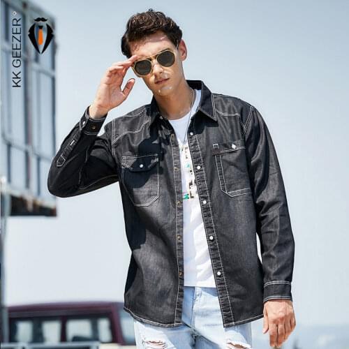 Black Denim Shirt Men Long Sleeve Autumn Dark Blue Military Casual Shirts High Quality Brand Collar Loose Pocket Dress Shirt