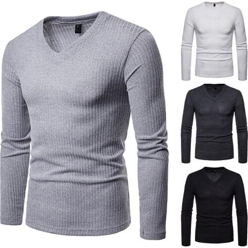 Mens T-Shirt Long Sleeve V-Neck Solid Color Pullover Base Shirt Casual Slim Type All-Matching Tops