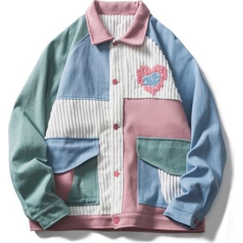 W091 Colorful Patchwork Men Jacket Autumn Fashion Brand Campus Student Youth Neutral Style Heart Graphic Embroidery Pocket Coat