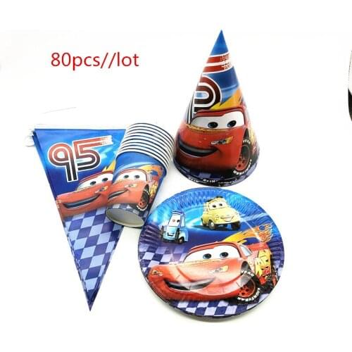 80Pcs Cartoon Disney Cars Theme Kid Birthday Party Disposable Tableware Sets Paper Plate +Cup+Flag+Cap Decoration Party Supplies