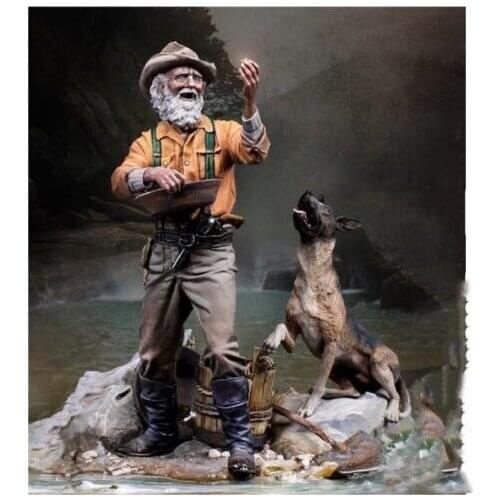 New Unassembled 1/24 75mm Gold Rush Prospector with dog 1849 Wild West Resin Kit DIY Toys Unpainted resin model