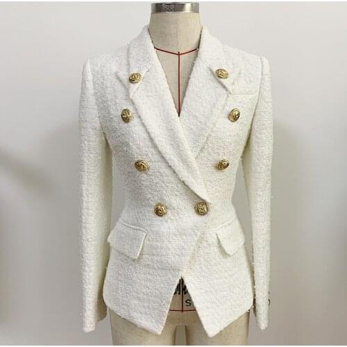 New Fall / Winter 2021 Womens Jacket Coat Lion Head Button Double Breasted Collar Pointed Tweed Wool White Luxury Suit O24