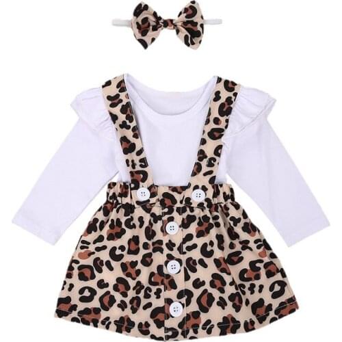 Newborn Baby Girl Clothes Sets Long Sleeve Solid Romper Top Leopard Print Suspenders Button Short Skirt Headband Outfits 3PCS