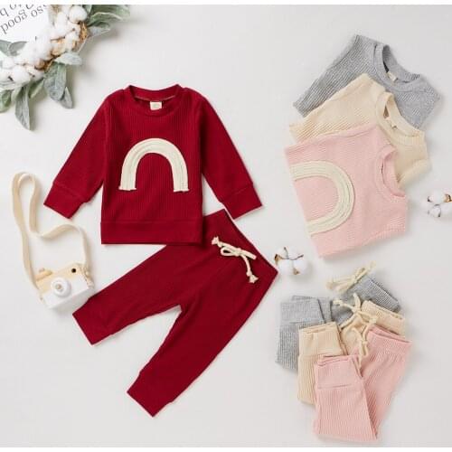 Autumn Winter Baby Girls Boys Clothes Sets Rainbow Print Knit Long Sleeve Pullover Tops Pants 2pcs