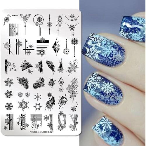 NICOLE DIARY Big Rectangle Snowflake Nail Stamping Plate Christmas Nail Art Template Mold Flower Leaf Image Polish Stencil Tool