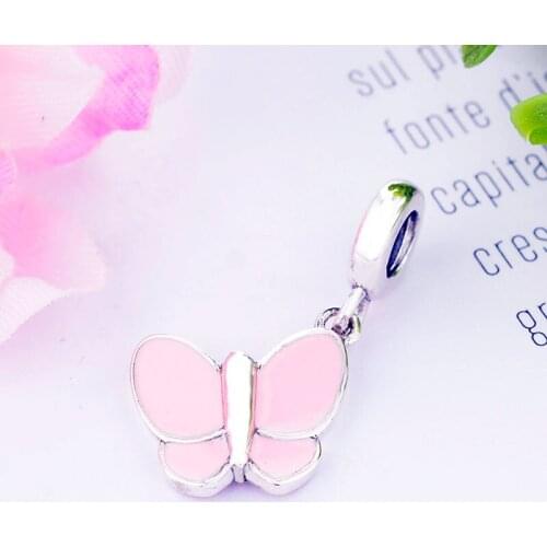 925 Sterling Silver Pink Enamel Butterfly Bead Pendant Fit Original Pan Charm Bracelet Jewelry Making Accessory Berloque DIY