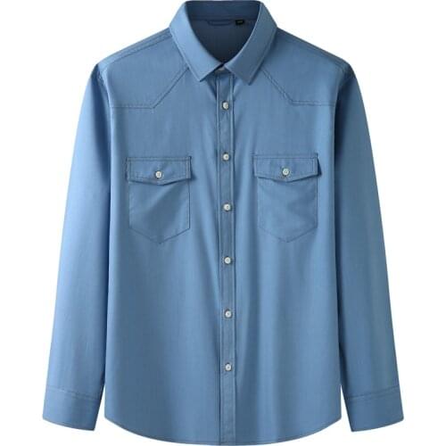 Plus size mens stretch denim long sleeves Spring and autumn new casual fashion multi-pocket shirt 2021 mens shirts