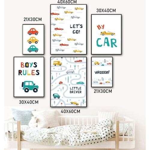 Boy Car Printing Nordic Mural Childrens Room Decoration Cartoon Toy Car Poster Driver Club Canvas Painting