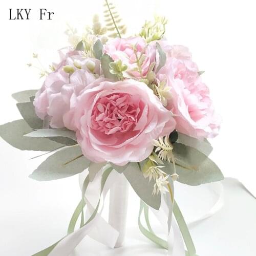 LKY Fr Wedding Bouquet for Bride Bridesmaids White Bridal Bouquets Flowers Purple Silk Peonies Wedding Bouquet Marriage Supplies