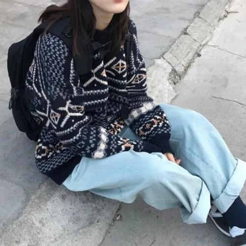 Sweater Women Vintage Knitted Pullover Casual Print Long Sleeve Oversized Jumper Female Harajuku Korean Fashion Loose Knitwear
