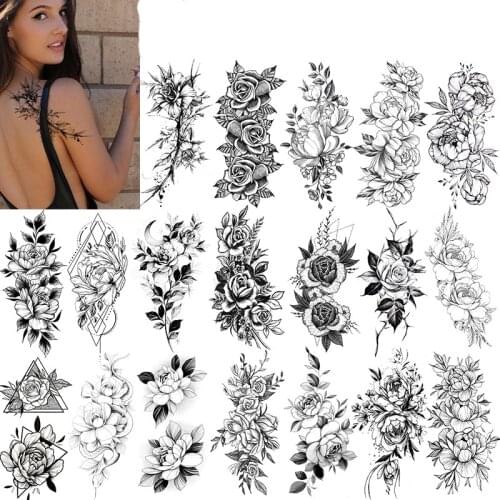 Temporary Tattoo Women Mehndi Henna Stickers for Hands Mandala Tattoo Black Sketches Tattoo Designs Lotus Peony Flowers Pattern