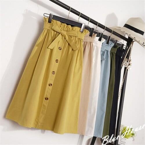 Autumn Elegant Skirts Womens Elastic Waist Buttons Bow Stretched Skirt With Pocket Female Solid Color Skirt