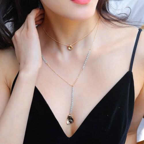 Womens Retro Simple Blue Crystal Chain Multilayer Necklace Metal Pea Drop Pendant Party Gift Jewelry Necklace Wholesale