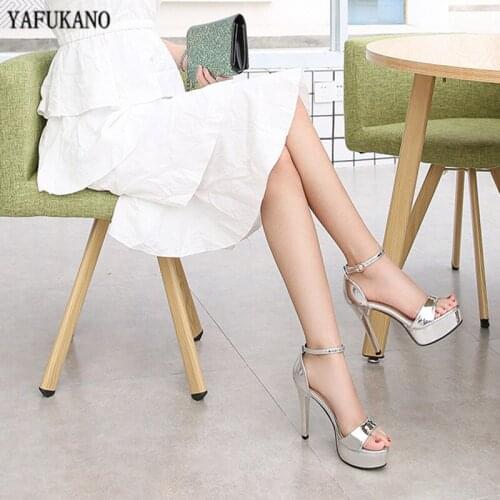 2021 New Fashion High Heels Platform Women Sandals Metal Buckle Shiny Super High Heel Wedding Party Shoes Sexy Thin Heels Pumps