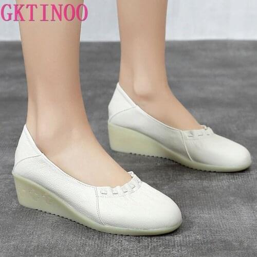 GKTINOO Women White Platform Shoes Designer Slip on Genuine Leather Shoes Breathable Lady Footwear Nurse Work Wedges Loafers