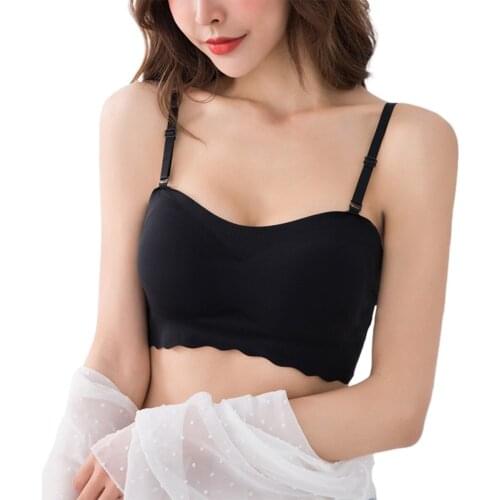 Women Sexy Bra Top Solid Color Adjustable Straps Sling Irregular Edge Crop Top Padded Wire-Free Low Chest Wild Bustiers
