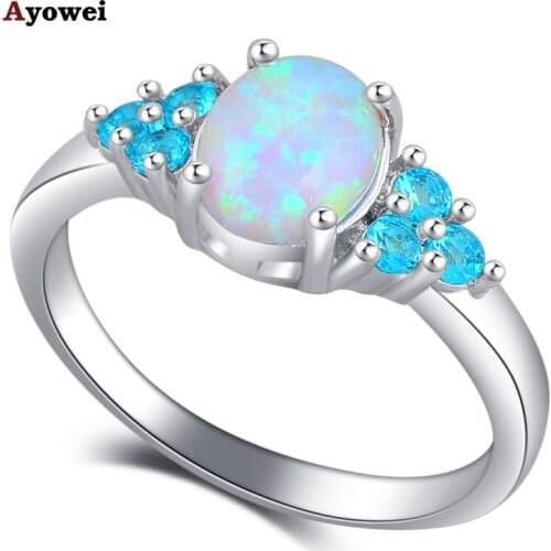 Ayowei New Oval Designer Brand White Fire Opal Silver Stamped Blue Crystal Fashion Jewelry Ring for Women party OR892A