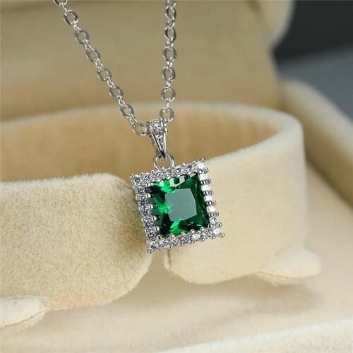 Female Fashion Green Pendant Necklace Geometric Square Crystal Chain Necklace Rose Gold Silver Color Wedding Necklaces For Women