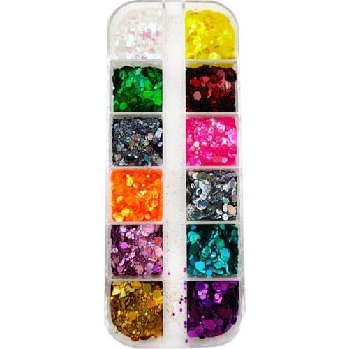 12 Grids/Set Mixed size Hexagon Holographic Glitter Nail Art Sequins Mix Size Flakes Paillette Powder For Eyeshaw Face Diy Dec