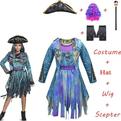 2020 new cosplay Descendants 3 Uma Ursula Girls pirate costume blue rainbow wig Halloween Carnival Makeup Party Costume Prop