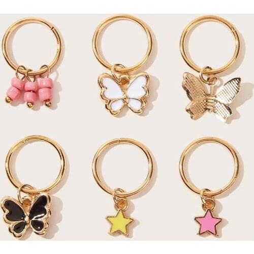 6PCS Women Girls Dreadlock Ring Creative Butterfly Design Dreadlock Bead Hair Cuff Metal Hair Ring Dreadlock Hair Accessaries