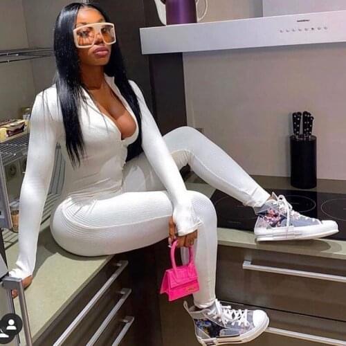White Ribbed Bodycon Jumpsuit Romper Women Long Sleeve Front Zipper Streetwear Tight Club Fitness Casual Rompers Womens Jumpsuit