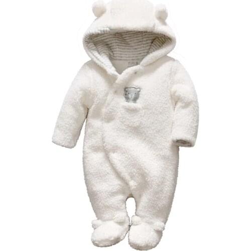 0-6M Baby Clothing Newborn Autumn Winter Thick Fluff Cotton Rompers Girl Boy Hooded One Piece Long Pants Footies White Jumpsuit