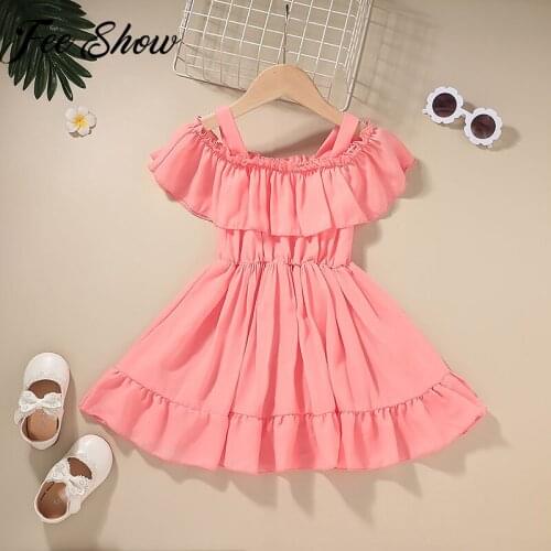 Kid Flower Girls Dress Children Chiffon Tulle Ruffles Dress Party and Wedding Solid One-shoulder Summer Ball Gown Dresses 1-5Y