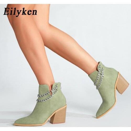 Eilyken 2021 Ankle Boots For Women Fashion Design Metal Chain Decoration Low Square Heels Sexy Pointed Toe Zip Female Shoes
