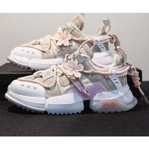 Women Dad Shoes Student Women Chunky Sneakers Vulcanized Shoes Trend Flower Lacing Patchwork Thick Sole Casual Spring