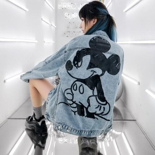 Disney BF Style Angry Mickey Mouse Oversized Denim Jacket Coat Women Vintage Long Sleeve Button Female Outerwear Chic Tops Fall
