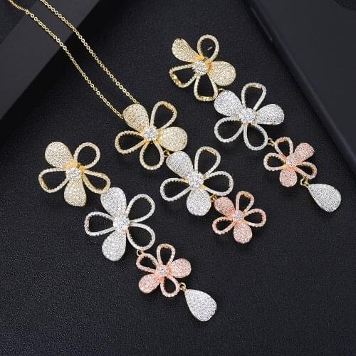 LARRAURI Brand Trendy Elegant Flowers Pendant Earrings/Necklace Cubic Zirconia Ladies Festival Birthday Jewelry Sets Gift
