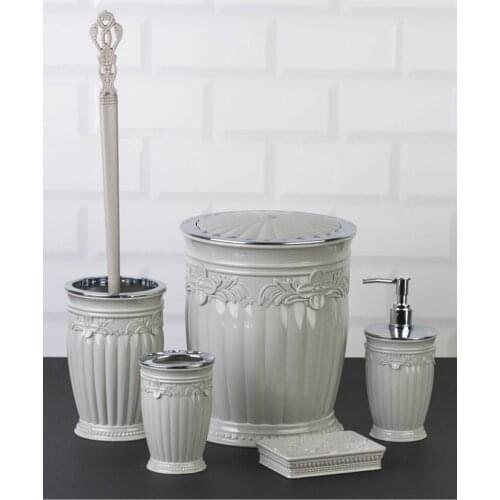 5 piece Bathroom Accessory Set Patterned 3 Different Color Option Brush Holder Garbage Bucket Soap Dispenser Set 4