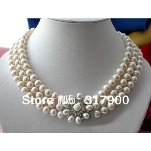 3ROW 8-9MM WHITE ROUND FRESHWATER CULTURED PEARL NECKLACE
