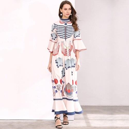Long Summer Bohemian Women Dresses Luxury Flare Sleeve Runway Fashion Plus Size Abstract Print Designer Dress