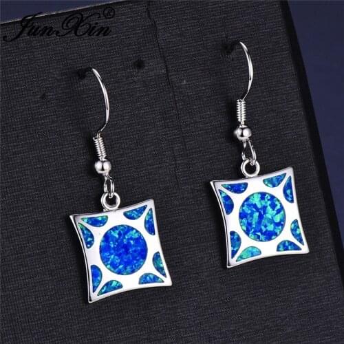 JUNXIN Christmas Jewelry Square Stone Blue Fire Opal Drop Earrings For Women White Gold Filled Rainbow Birthstone Earrings