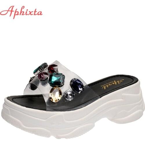 Aphixta Platform Rhinestone Sandals Slippers 6cm Height Increasing Slides Transparent Light Ladies Wedge Summer Beach Slippers