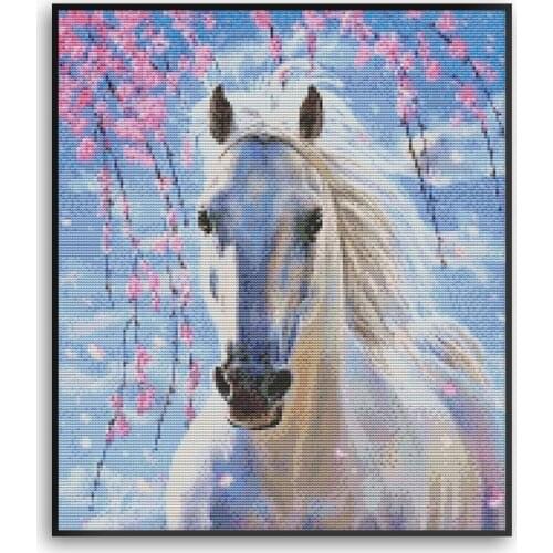 Spring White Horse Dream Simple Embroidery Counted Printed Cross Stitch Kits Animal Embroidery Set Home Bedroom Decor D458