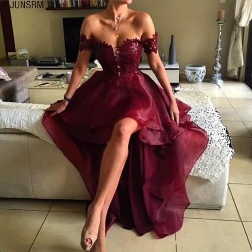2019 Hi-Lo Evening dresses Sexy Off the Shoulder Appliqued Ruched Tulle Party Dress Graduation Backless Elegant Evening Gowns