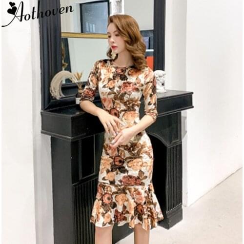 Spring Sexy Party Bodycon Office Print Dresses Women Three-quarter Sleeve O Neck Elegant Dresses Vintage Bandage Mermaid Dress