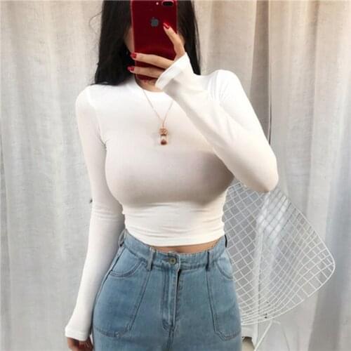 2021 Spring Sexy T Shirt Women Elasticity T-Shirt Korean Style Woman Korean Clothes Slim Tshirt Female Casual Long Sleeve Tops