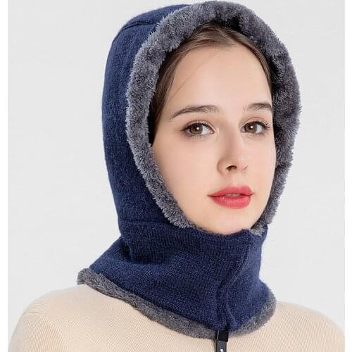 Knitted Hat Womens Autumn and Winter Ear Protection Plus Velvet Thickened One-piece Cap Windproof and Cold Bib Cap